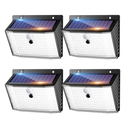 Nipify Luz solar com sensor de movimento, 4 pacotes 168 LED holofotes solares exteriores, 3 modos, IP65 luzes impermeáveis para jardim, garagem, pátio