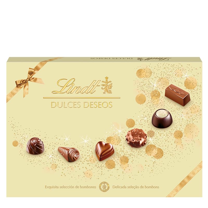 Lindt Doces desejos caixa de bombons de chocolate sortidos, chocolate com leite, chocolate preto, chocolate branco, bombons para oferecer, caixa de chocolates, 337 g