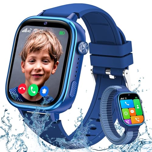 TotsyFun Relógio inteligente criança 4G, Smartwatch crianças GPS e chamadas, SOS / modo de classe/bate-papo de voz/videochamada, IP68 impermeável, álbum de fotos/podómetro/despertador, relógio