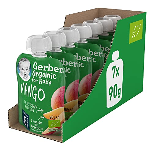 GERBER Manga orgânica, bolsa puré de fruta para bebés, 7 x 90 g, a partir de 6 meses