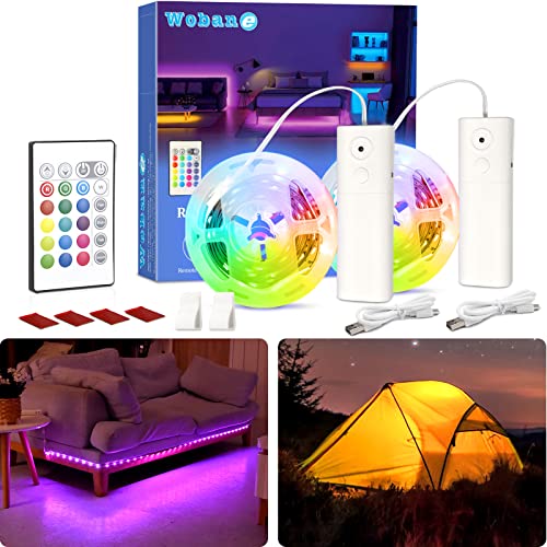 WOBANE Tira LED RGB pilhas recarregáveis USB com controlo remoto, 2 * 2 m luzes LED de tira decoração de quarto, 2000 mAh luzes de tira LED autocolante com bateria para TV Gaming, prateleiras,