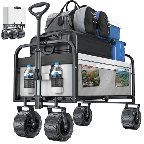 KESSER® Carrinho dobrável com rodas largas, transporte de mão | 2 sacos de rede | dobrável | pneus de borracha maciça | carrinho de jardim cinzento
