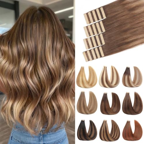 ShowJarlly Extensões adesivas cabelo natural 20 peças extensões de cabelo natural 60 cm castanho chocolate ouro caramelo extensão de cabelo naturais Invisibile cabelo humano naturais 50 g (24