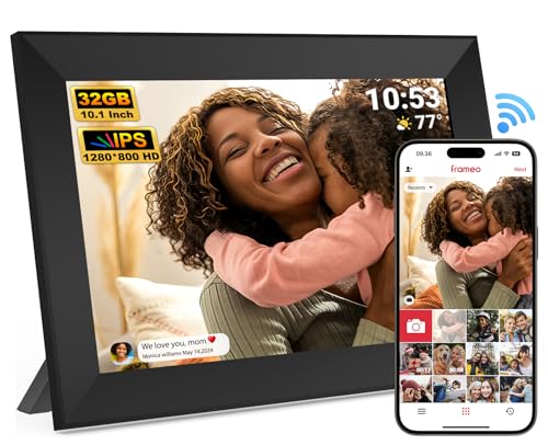 Frameo Moldura de fotos digital Wi-Fi de 10,1 polegadas, 32 GB, ecrã táctil IPS HD 1280 x 800, moldura inteligente na nuvem com rotação automática, compartilhar fotos/vídeos instantâneo (preto