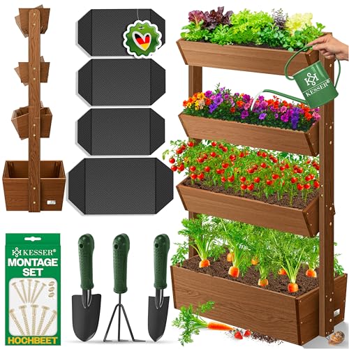 KESSER® Horta levantada com prateleiras vaso de flores escada de flores escada de plantas horta de verduras horta de ervas vaso de plantas com tecido de jardim, castanho, 4 níveis