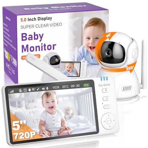 OBVHNUA Câmara de vigilância para bebé, 5'' monitor para bebés com câmara de rotação de 355°, câmara de bebé inteligente com visão noturna, VOX, áudio bidirecional, sensor de temperatura e aviso de