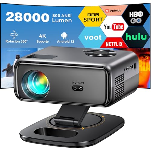 Projetor Android 12 e gira 360 °: projetor portátil 4K suporte com WiFi 6 e porta WAN, 28000 lúmens, Bluetooth 5.2, compatível com PS5, USB e telemóvel | cinema em casa e projetor de vídeo exterior