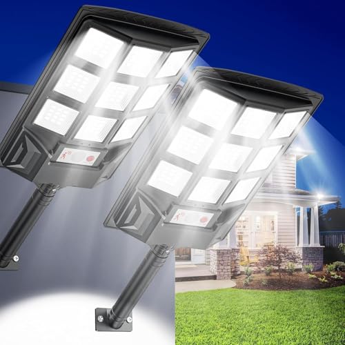 SENDALE 2 pacotes de luzes solares exteriores, holofotes LED solares com controlo remoto, IP65 luz solar exterior impermeável, 6500 K holofote solar sensor de movimento, luz de segurança e jardim