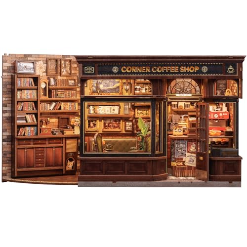 Fsolis DIY Book Nook Kit & Dollhouse miniatura presente criativo para adultos e adolescentes, decoração mágica 3D de madeira com casa de bonecas iluminada para livrarias (Corner Coffee Shop)