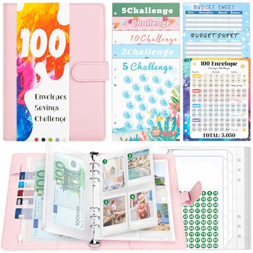 TAOPE Pasta de anéis A5, pasta de couro PU recarregável, pastas de 6 anéis A5 para 100 Envelope Saving Challenge, caderno rosa com bolsos transparentes para guardar cartões, fotos e faturas