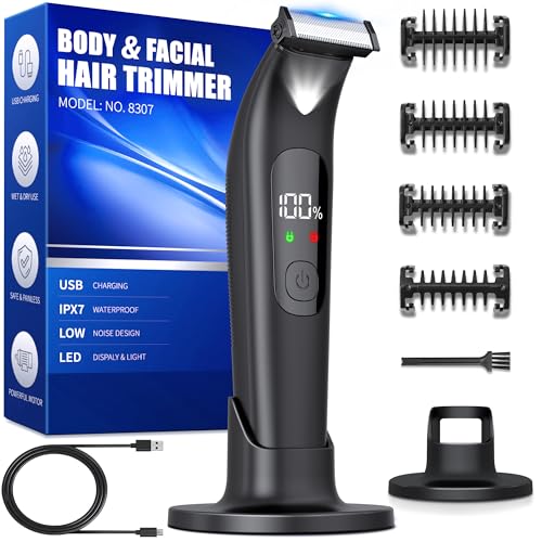 Máquina de barbear corporal masculina, máquina de depilação corporal elétrica para homem 100 % impermeável, ecrã LED, iluminação LED e recarregável tipo C, com 4 pentes - guia, para barba, axilas,