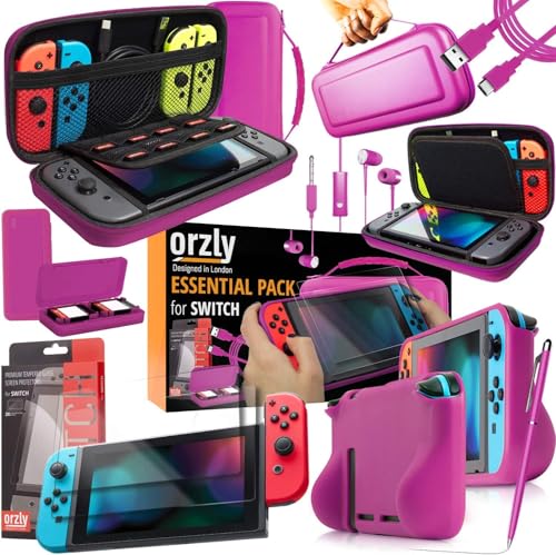 Orzly ULTIMATE PACK Accesorios para Nintendo Switch [Incluye: Protectores de Pantalla, Cable USB, Funda para Consola, Estuche Tarjetas de Juego, FlexiCase para los mandos JoyCon, Auriculares] – ROSA