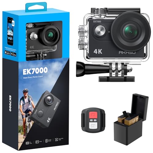 AKASO Câmara desportiva 4K, 30FPS 20 MP WiFi câmara de ação, ângulo grande de 170 ° com controlo remoto 2,4 G, câmara aquática submergível 30 m com 2 baterias estabilização EIS (EK7000)