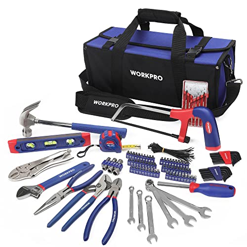 WORKPRO Conjunto de ferramentas básicas e acessórios de 156 peças com saco, ferramentas manuais para casa com alicates chaves chaves hexagonais etc para bricolage