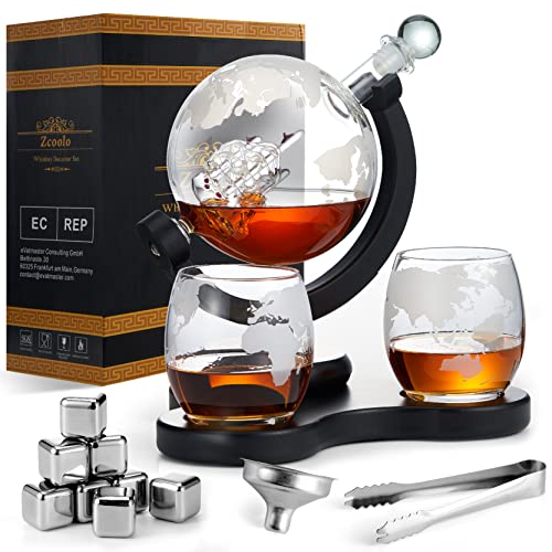 Zcoolo Conjunto de Decantador de uísque, Decantador de 850 ml, 2 copos de balão gravados, funil de aço inoxidável e 8 cubos de gelo de pedras de uísque de aço inoxidável (A-850 ml)