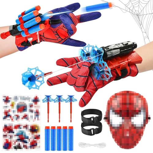 Taufe 2 conjuntos de luvas de lançador, lançar teias de aranha, luvas Spiderm lança teias de aranha, luvas Spiderm, jogos de lançador Glove, luvas lançadoras Spiderm com máscara e dardos luvas