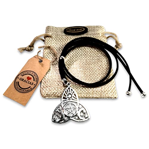 Collar Nudo de Bruja Amuleto Plata | Antelina Negra 50cm Adaptable Hombre Mujer | Suerte y Protección contra Hechizos + Bolsa de Yute Triqueta Celta Hecha a Mano Regalo Original Espiritual (Estilo 3)