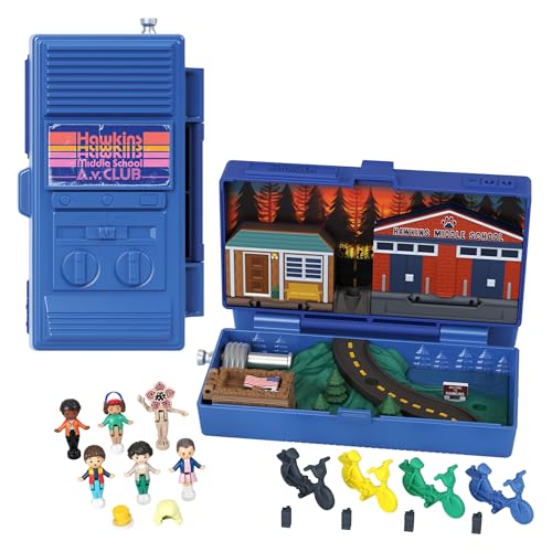 Polly Pocket Estojo Stranger Things em forma de walkie talkie com 6 mini bonecos e 10 acessórios, brinquedo para colecionadores inspirado na série, + 4 anos (HWP22)