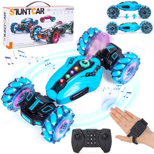 Highttoy Carro telescópico para crianças, carro Acrobacia, 4WD rotação de 360° carro Drift Control Gestual com spray, música e luzes brinquedos crianças 6 7 8 9 10 Anos presente criança, azul