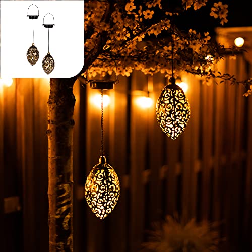 Gadgy Lanternas solares para exterior, conjunto de 2 candeeiros pendentes, lanterna solar LED para jardim, terraço e varanda, design marroquino, decoração de jardim exterior