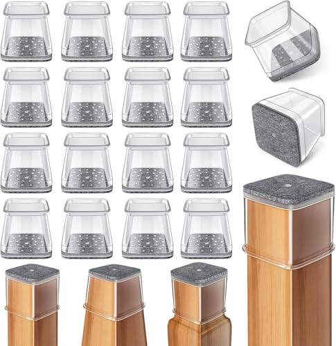 Protetor de pernas para cadeiras quadradas, 24 peças transparente silicone com feltro, deslizadores de feltro para cadeiras, tampas protetoras para pernas de cadeiras para pisos de madeira (Fit 19-25