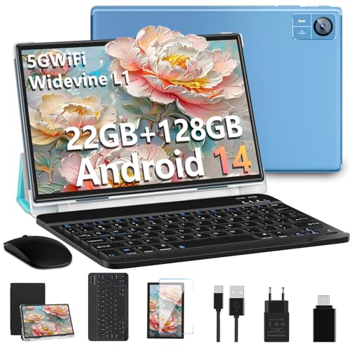 SUAAT Tablet 2025 Newest Android 14 tablet de 10 polegadas 22 GB RAM+128 GB ROM/1TB TF, Octa-Core, WiFi 5G, Bluetooth 5.0, 8000 mAh, GMS certificado, 8 MP + 5 MP, tablet PC com Capa T Escadado e rato