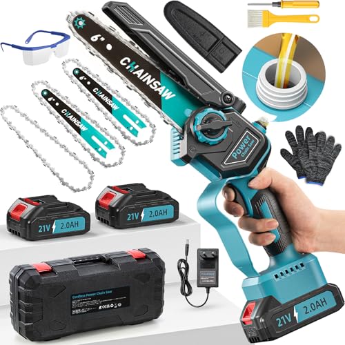 Mini serra de moto-serra elétrica, serra elétrica de 6 polegadas 1000 W sem escovas 2 baterias 2000 mAh com depósito para óleo, serra elétrica, serra elétrica para podar árvores de jardinagem