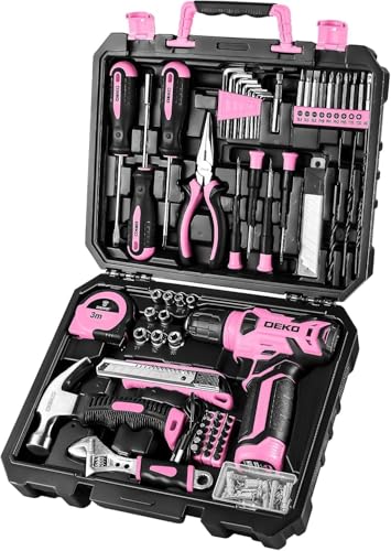 DEKO Caixa de ferramentas completa com chave de fenda elétrica/broca com bateria de 8 V, mala de 126 peças, caixa profissional de ferramentas domésticas de bricolage para escritórios e jardim, rosa