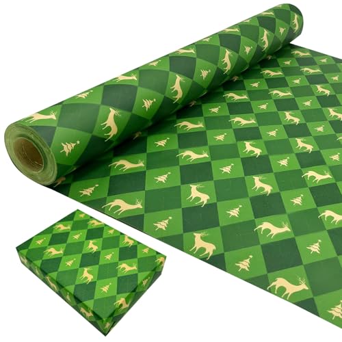 Rolo de papel de embrulho de Natal, 43 cm x 15 m, reciclável, cor verde, papel de embrulho com alce e árvore para o Natal, aniversário, casamento, festival, decoração de presentes