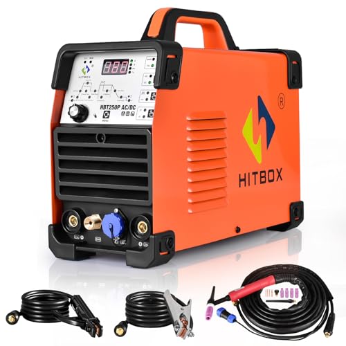 HITBOX Máquina de solda TIG AC/DC, 200A, função de pulso, tecnologia IGBT, controlo digital 2T/4T, adequado para alumínio, aço inoxidável e aço (HBT250P)