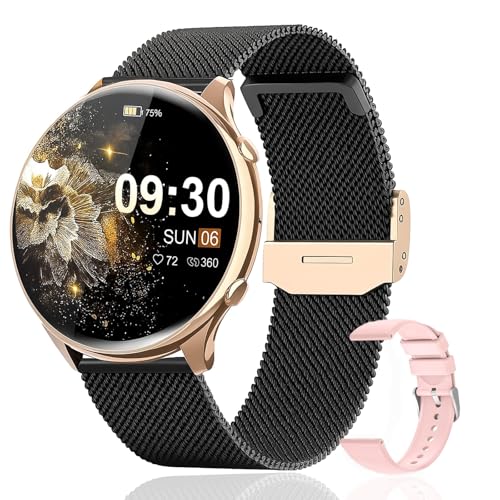 elfofle Relógio inteligente mulher com chamadas, 1,39 polegadas ecrã tátil, IP67, resistente à água com 120 desportos SPO2, ciclo menstrual, monitor de sono, smartwatch para Android iOS (preto ouro)