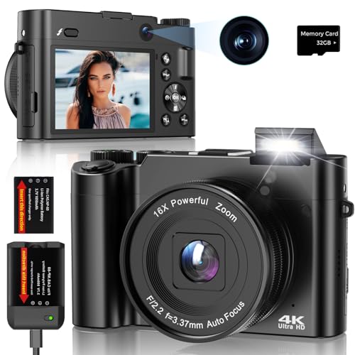 Câmara digital 64 MP 4 K câmara fotográfica compacta com lente dupla frontal e traseira, Zoom 16X, ecrã IPS de 32 ", cartão de 32 GB, webcam e função Vlog, ideal para iniciantes e adolescentes