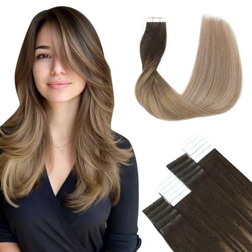 SURNEL Extensões adesivas cabelo natural castanho escuro a castanho e loiro sujo destacado 55 cm 50 g 20 peças extensões adesivas extensões de cabelo Remy cabelo humano natural (T#2/6/18-55 cm)