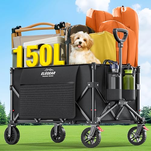 Elegear Carrinho de praia dobrável com rodas 150 l, carrinho de jardim dobrável com alça ajustável e porta-copos, carrinho de transporte para campismo compras desportos, preto