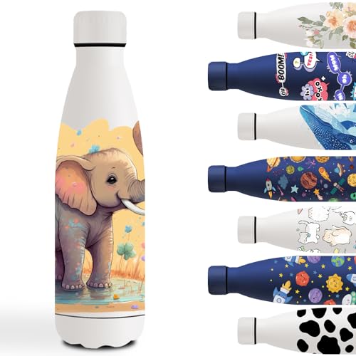 Garrafa de água de aço inoxidável 500 ml, cantil de aço inoxidável, fácil de transportar, garrafa de água personalizada, à prova de fugas, cantil infantil para a escola, viagens, branco - elefante