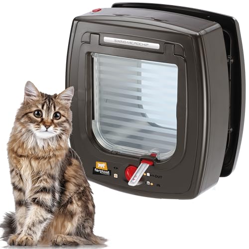 Ferplast Gatera Microchip, porta para gatos, colar gato incluído, entrada e saída controláveis de 4 vias, proteção contra corrente de ar, Swing Microchip, castanho