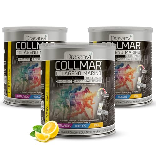 DRASANVI COLLMAR Colagénio marinho hidrolizado com magnésio, ácido hialurónico e vitamina C | para cartilagens, ossos e pele, Máx. Assimilação 9,717 mg/dia | 3 x 300 g de pó | sabor de limão