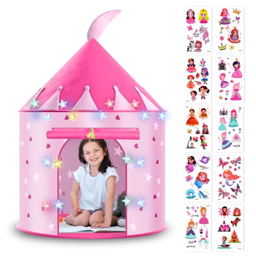 HOTUT Tenda para crianças, tenda de campismo infantil com corrente de LED, tenda de campismo de princesa com 10 autocolantes de tatuagem, tenda infantil dobrável para jogos de interior e exterior