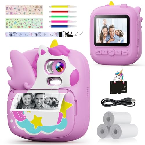 CAMCLID Câmara com fotos infantis instantâneas, 2,4'' HD 1080P câmara com cartão de 32 G e papel fotográfico de impressão, meninos e meninas de 3 a 12 anos (violeta)