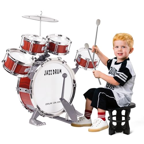 m zimoon Bateria de música para crianças Kit, jogo tambor Jazz júnior 5 tambores, com banqueta para instrumento musical de percussão dia festivo presente brinquedo educativo para meninos e meninas
