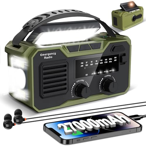 Rádio solar de emergência 27000 Mah, rádio emergência FM/Am, rádio manivela solar com alarme SOS e lâmpada, raios e pilhas pode carregar um telemóvel e reproduzir por Bluetooth (verde)