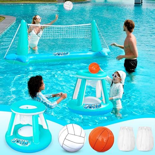 JOYIN Brinquedo flutuante para piscina, rede insuflável de voleibol e aros de basquetebol para crianças e adultos, bolas incluídas, conjunto de flutuador de piscina, flutuadores de verão, azul escuro