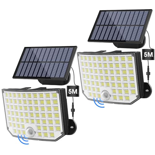 Luz solar exterior jardim, Ortiny 256 LED 3 modes, 180° iluminado focos LED exteriores solares IP65 índice de impermeável luz exterior com sensor de movimento cabo fibra ótica de 5 m, embalagem de 2