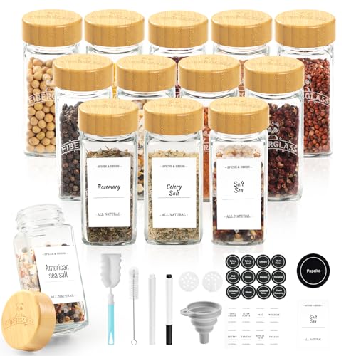 Frascos para especiarias de vidro e madeira, 12 × 120 ml, recipiente quadrado para guardar especiarias na cozinha, frascos para condimentos com tampas herméticas de bambu, etiquetas