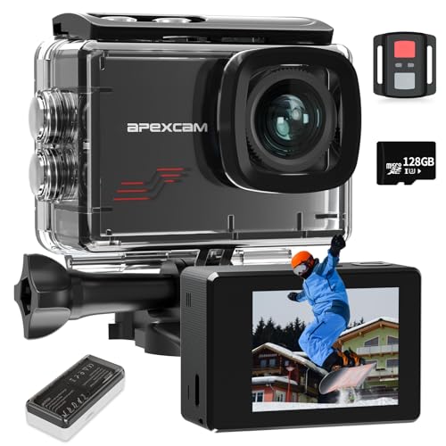 Apexcam M80 Câmara desportiva com 128 G cartão 4K 48 MP câmara de ação câmara subaquática impermeável 40 m com 8X zoom e pré-gravação 2 * 1350 baterias kit acessórios