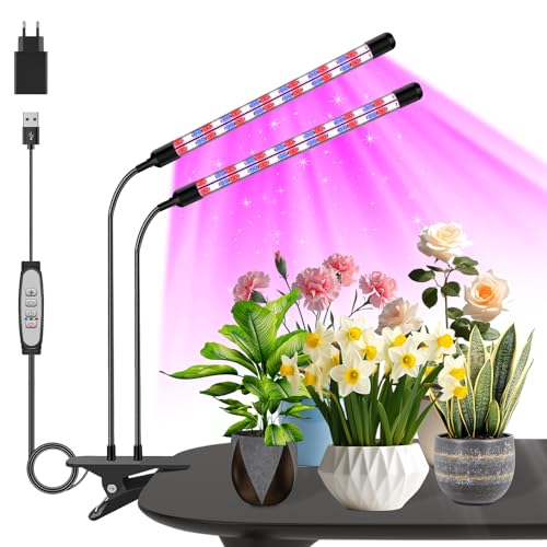 Candeeiro para plantas de 2 cabeças, lâmpada de crescimento em forma de V, luz de crescimento de espectro total para plantas de interior, luz para plantas com temporizador de 6/12/18 h (vermelho +