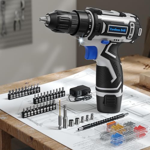 VIWKO 12 V Chave de fenda elétrica, broca parafuso de bateria máxima 25 NM, 98 acessórios, 25 + 1 ajuste de par, parafuso elétrico, luz LED, baterias 2000 mAh, suporte de botões de 10 mm, para