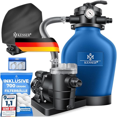 KESSER® Sistema de filtragem de areia filtro de areia 700 g de bolas de filtragem substituem 25 kg de areia de filtração válvula de 4 vias com indicador de pressão filtro de piscina, azul