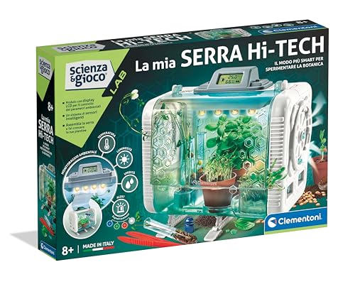 Clementoni Laboratório de ciência e jogos: a minha estufa Hi-Tech, laboratório de botânica para crianças a partir dos 8 anos, 3 modos de cultivo de plantas, com LED e ecrã LCD, conjunto Made in Italy,