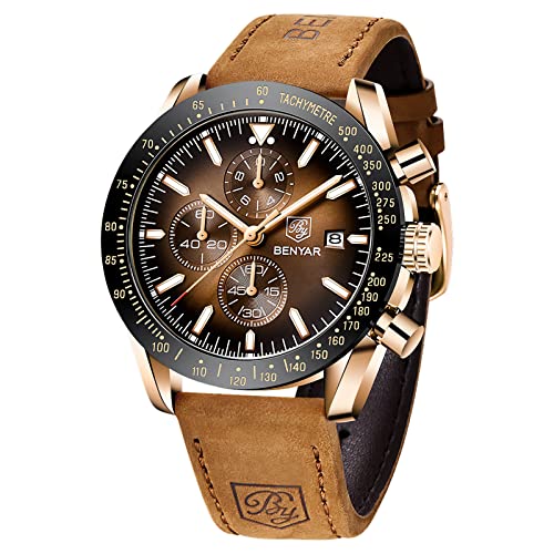 BY BENYAR - Reloj de Hombre, cronógrafo para Hombre, Movimiento de Cuarzo, Correa de Piel, Reloj Deportivo de Negocios, de Moda, 30 m, Resistente al Agua, antiarañazos, Regalo Elegante